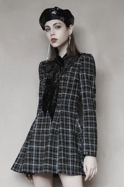 Black/White Small V-neck Tie Design Checked Woolen Cloth And Velvet Stitching Bow Collect Waist Women's Punk Dress