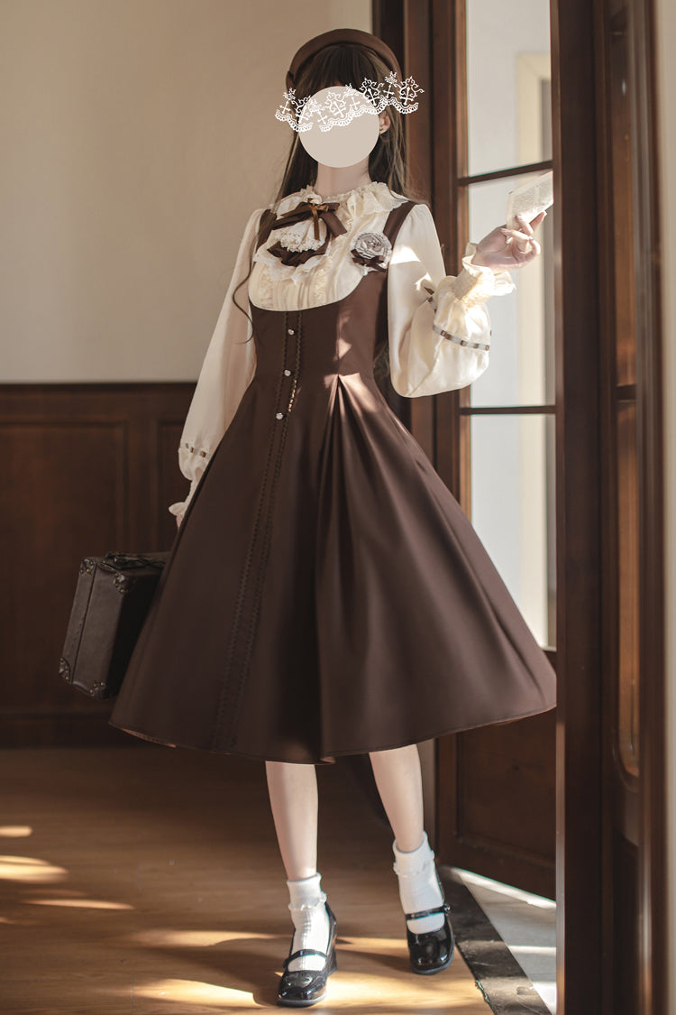 Brown/White [Sunset Academy] Long Sleeves Ruffle Bowknot Fake Two Pieces Vintage College Style Elegant Lolita Dress