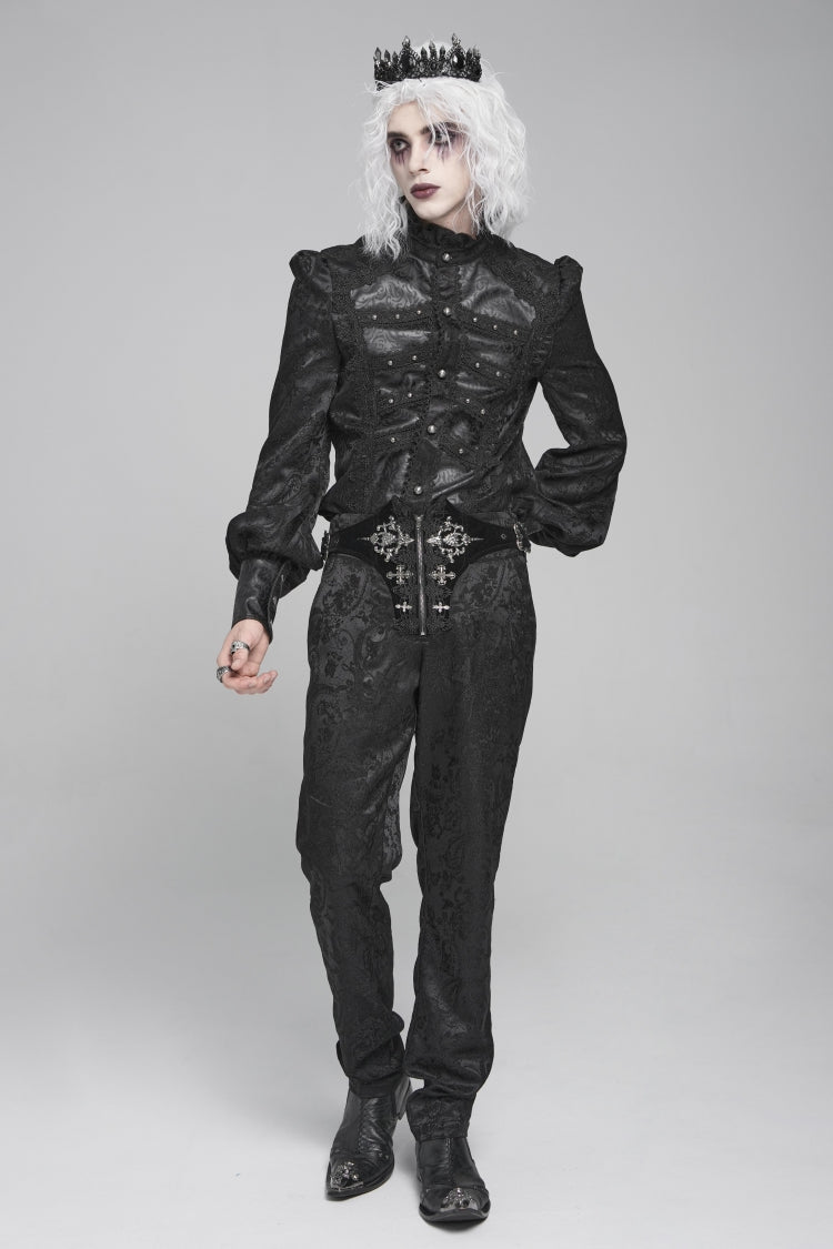 Black Printed Lace-Up Buckled Zippered Men's Gothic Pants