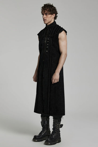 Black Stand Collar High Waisted Slim Men's Gothic Long Vest