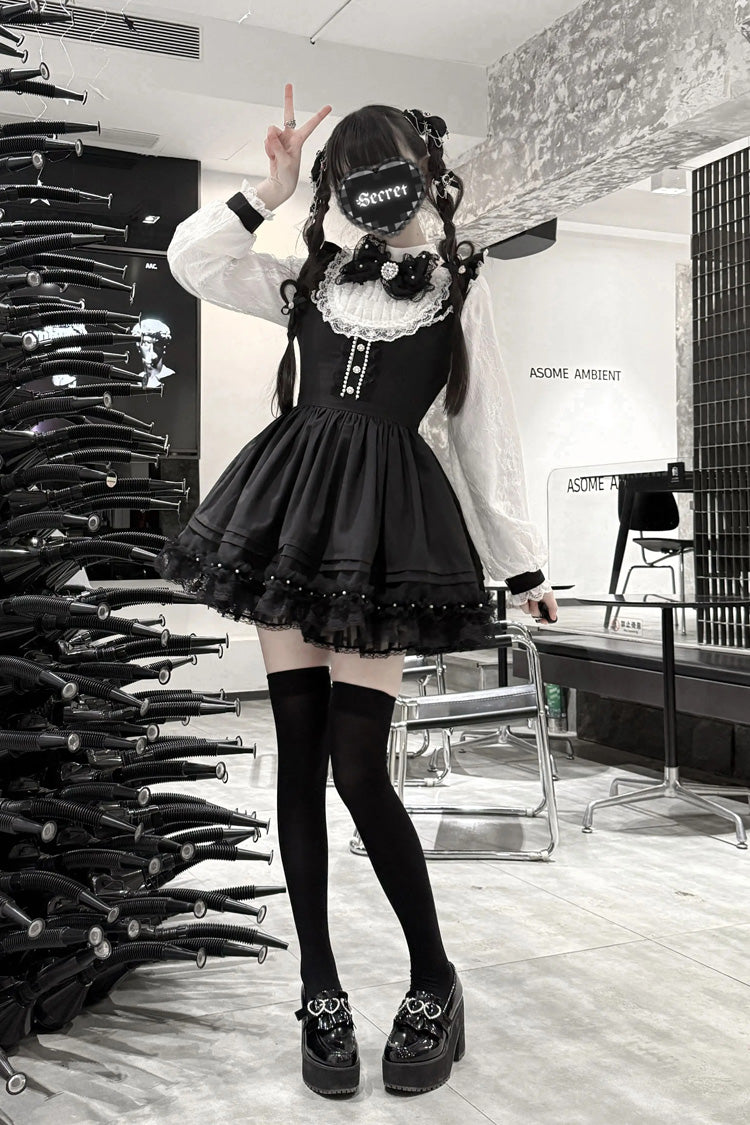Black/White [Thorn Doll] Long Sleeves Ruffled Bow Pearl-Decorated Gothic Jirai Kei Dress