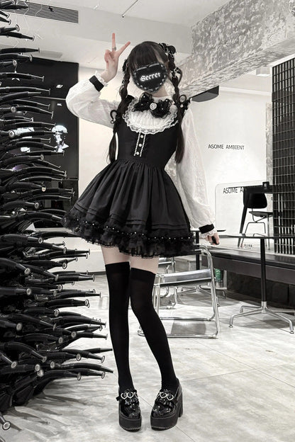 Black/White [Thorn Doll] Long Sleeves Ruffled Bow Pearl-Decorated Gothic Jirai Kei Dress