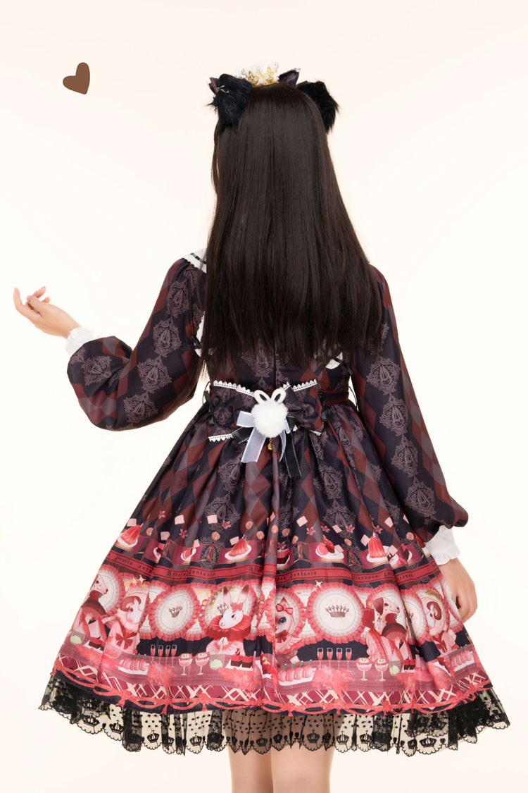 Black [Afternoon Fantasia] Long Sleeves Print Ruffle Bowknot Sweet Lolita Jsk Dress