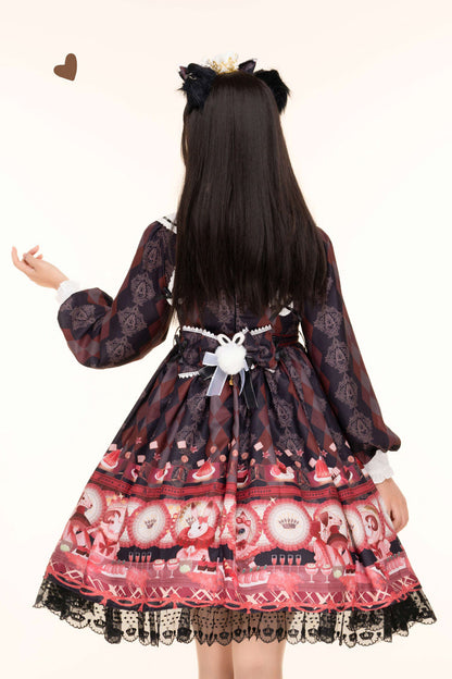 Black [Afternoon Fantasia] Long Sleeves Print Ruffle Bowknot Sweet Lolita Jsk Dress