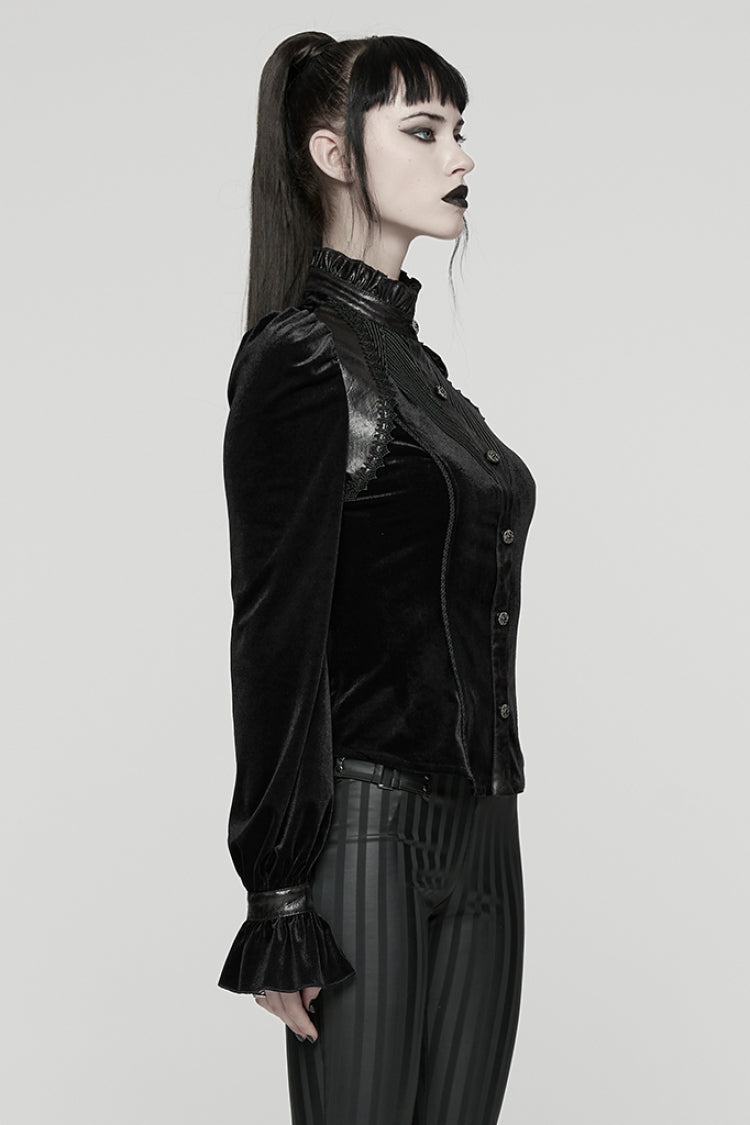 Black Stand Collar Long Puff Sleeves Stitching Lace-Up Women's Gothic Coat