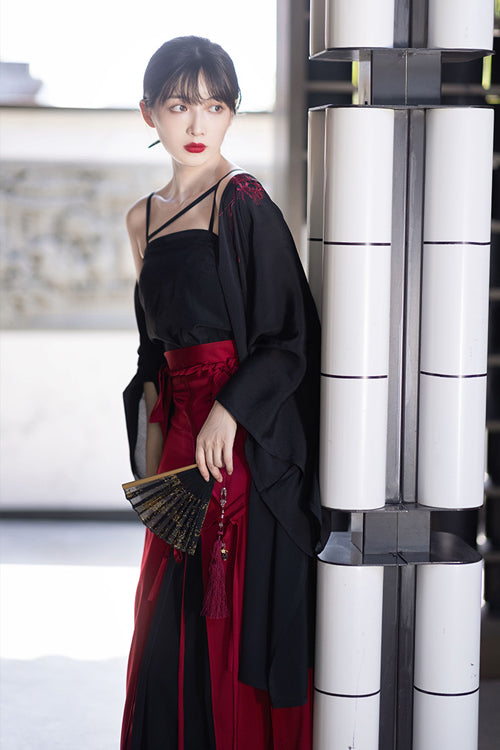 Black/Red Chinese Style Song Dynasty Flower Embroidery Long Sweet Hanfu Dress Full Set