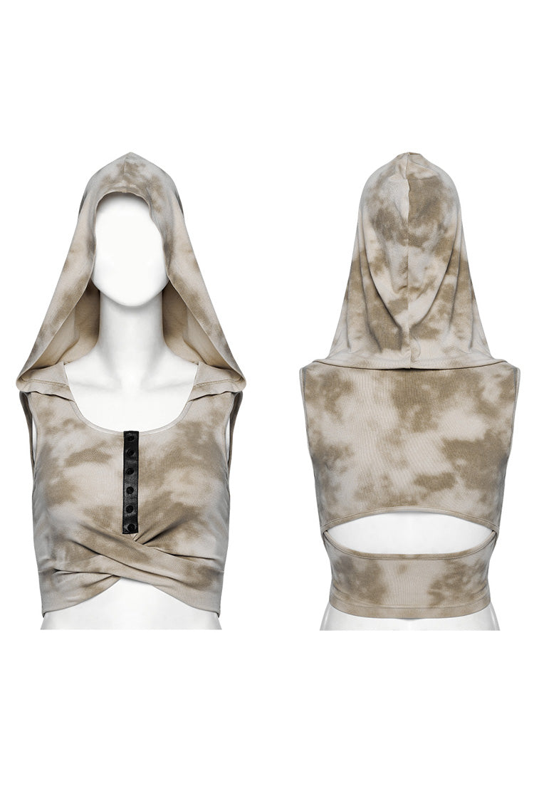 Black/Coffee Sleeveless Cutout Crossed Hooded Women's Punk Tank Top