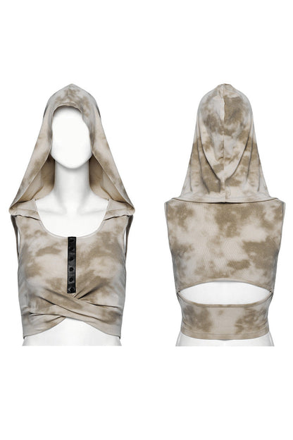 Black/Coffee Sleeveless Cutout Crossed Hooded Women's Punk Tank Top