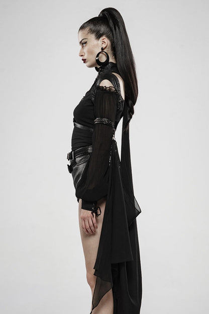 Black Stand Collar Sleeveless Metal Buckle Leather Strap Womens Gothic Cloak