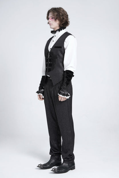 Black Sleeveless Floral Embroidery Stitching Velvet Men's Gothic Vest