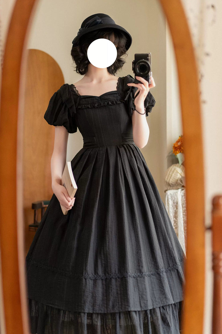 Black [Forest Gallery] Square Collar Short Sleeves Ruffled Bow Classic Vintage Elegant Lolita Dress