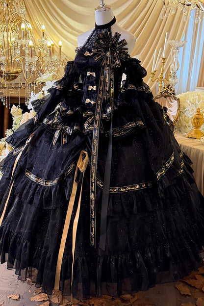 Black [Obsidian Banquet] Double-Layered Ruffled Hanayome Bow Lace Sweet Gothic Princess Lolita Jsk Dress
