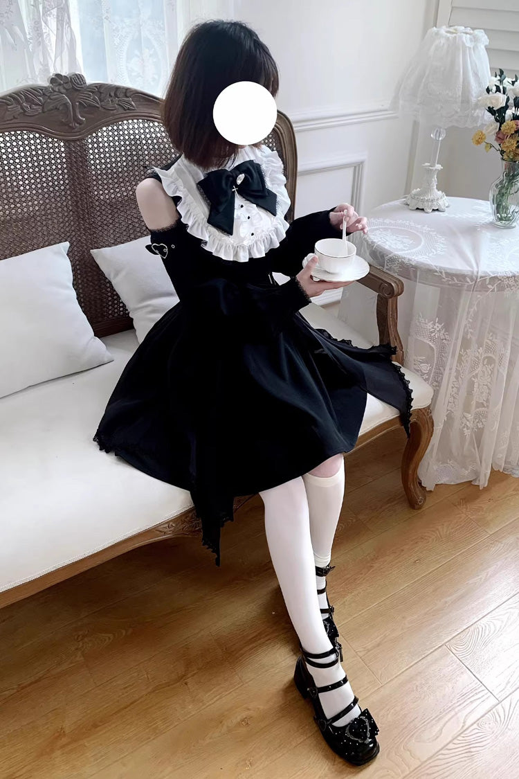 Black/White Stand Collar Off Shoulder Long Sleeves Ruffled Bow Lace Gothic Jirai Kei Japanese Lolita Dress