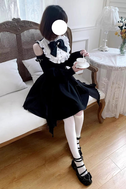 Black/White Stand Collar Off Shoulder Long Sleeves Ruffled Bow Lace Gothic Jirai Kei Japanese Lolita Dress