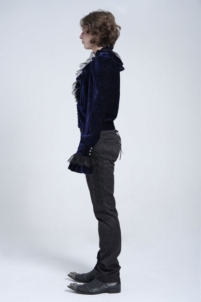 Blue V Collar Long Sleeves Ruffle Stitching Lace Men's Gothic Blouse