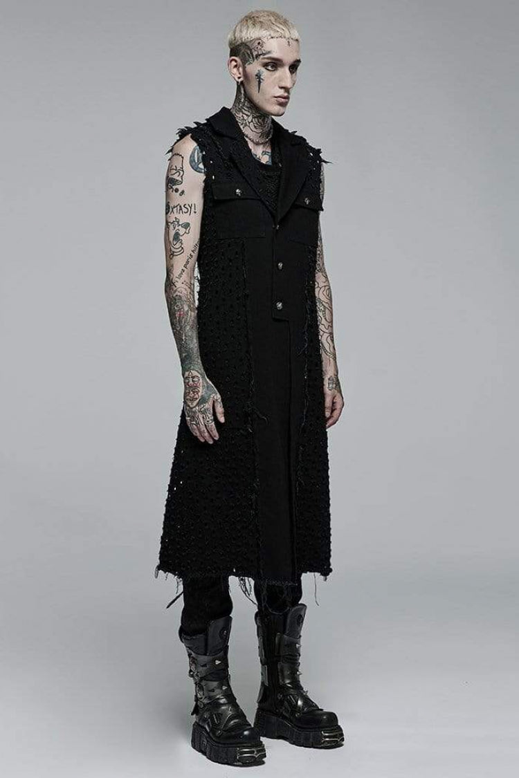 Black V Collar Sleeveless Ripped Mens Steampunk Long Vest