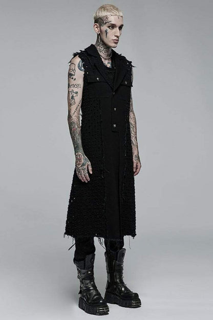Black V Collar Sleeveless Ripped Mens Steampunk Long Vest