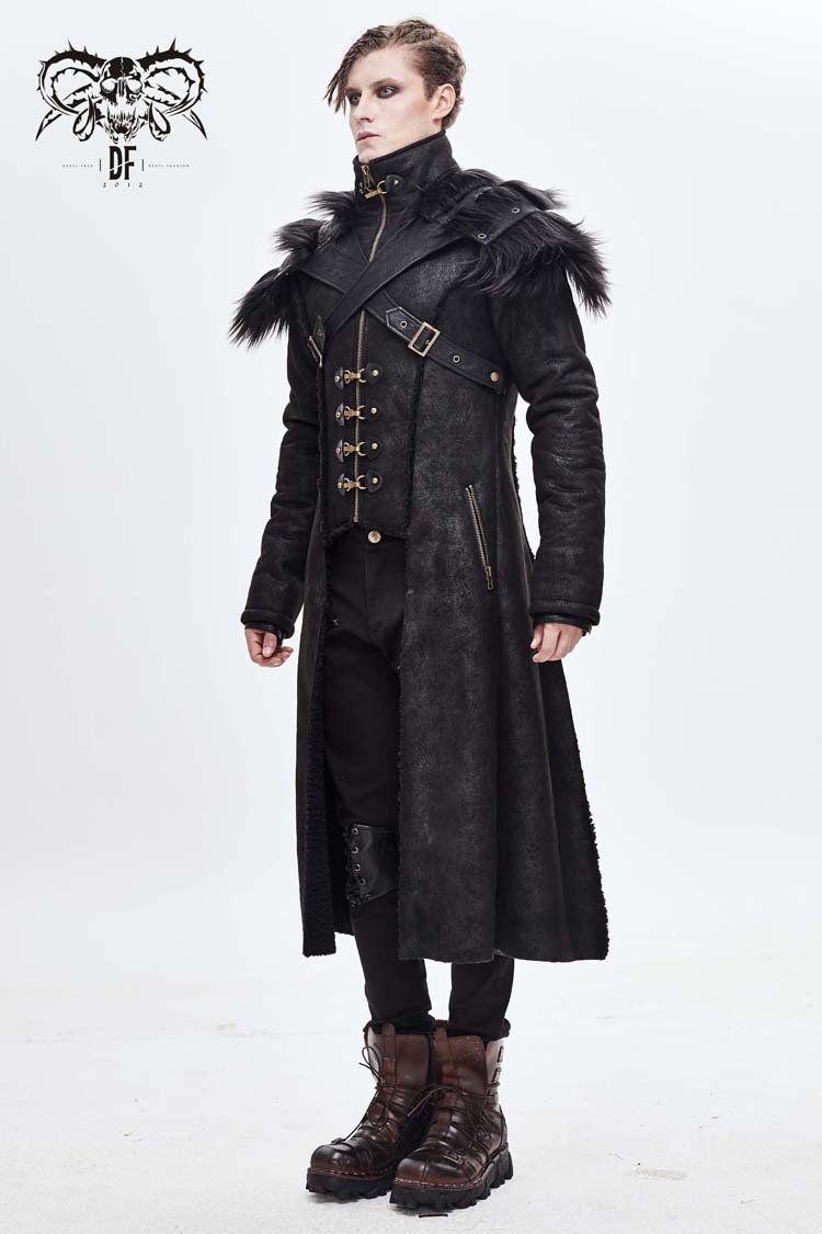 Black Stand Up Collar Shoulder Fur Cape Front Metal Hasp Chest Loops Long Fur Men's Punk Coat