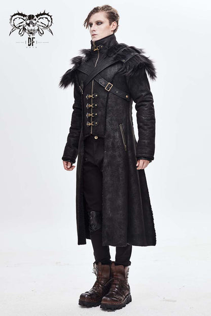 Black Stand Up Collar Shoulder Fur Cape Front Metal Hasp Chest Loops Long Fur Men's Punk Coat