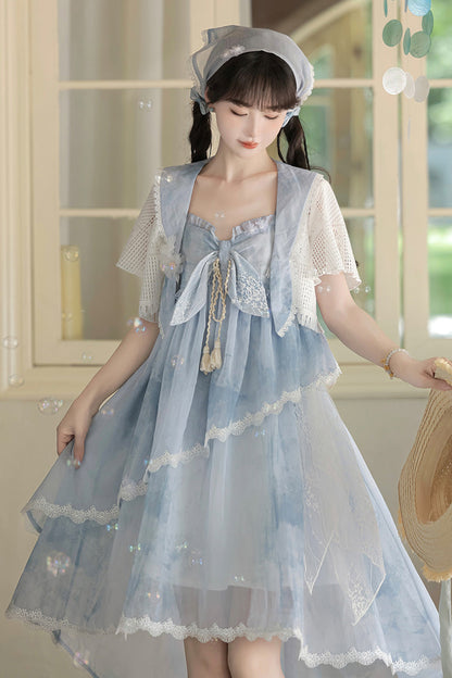 Blue [Clouds Resting in the Wilderness] Print Ruffle Embroidery Bowknot Lace Irregular Lolita Jsk Dress