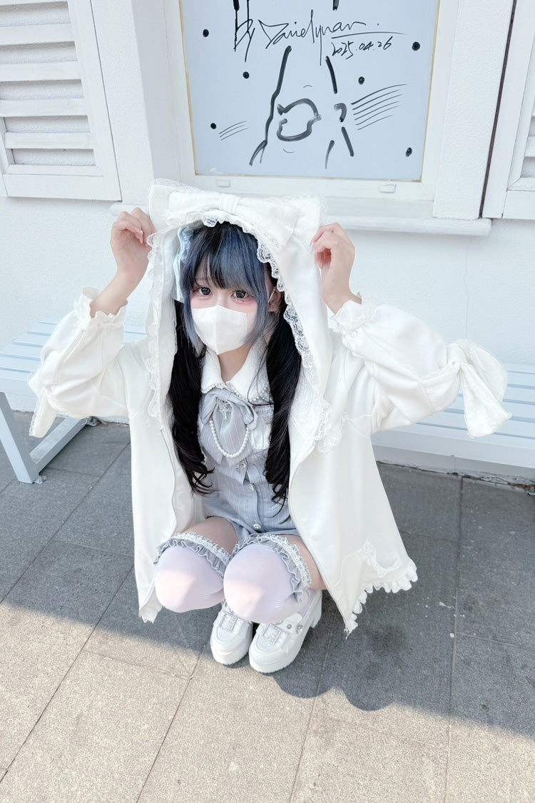 White Long Sleeves Cat Ears and Tail  Ruffle Bowknot Hooded Gothic Jirai Kei Coat