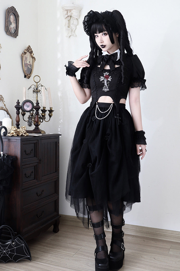 Black Rose Embroidered Cutout Top Irregular Short Sleeves Gothic Lolita Dress Set