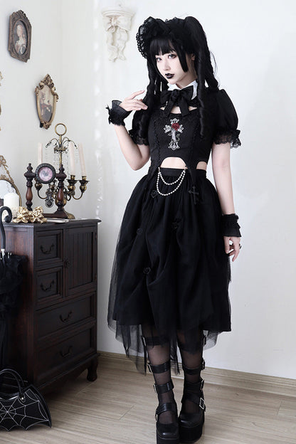 Black Rose Embroidered Cutout Top Irregular Short Sleeves Gothic Lolita Dress Set