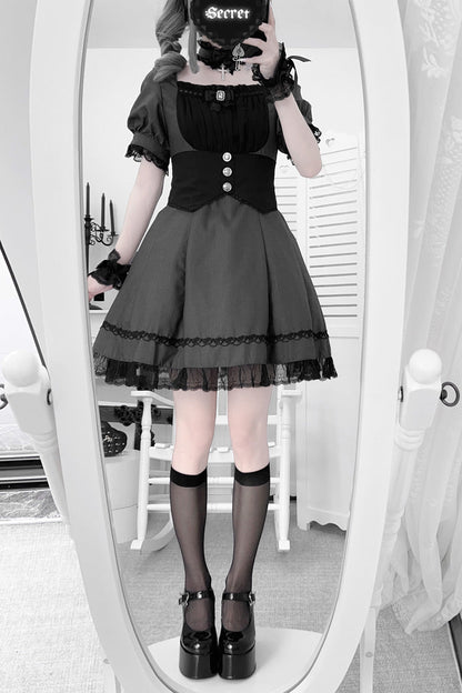 Black/Grey Short Sleeves Ruffle Bowknot Cross Waist Maid Sweet Japanese Lolita Dress Set