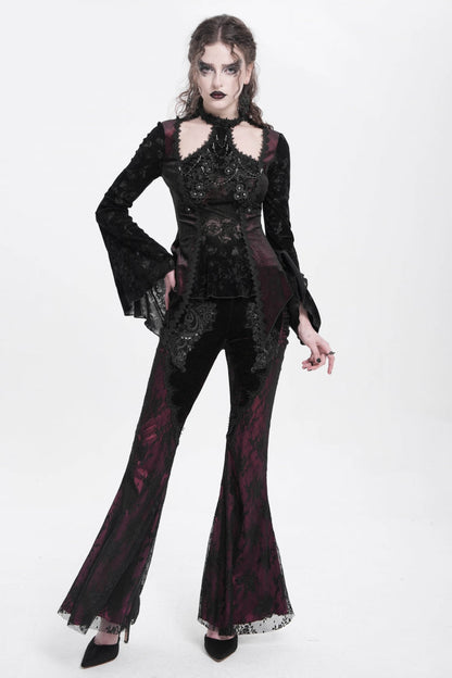 Red Floral Embroidery Stitching Lace Women's Gothic Pants