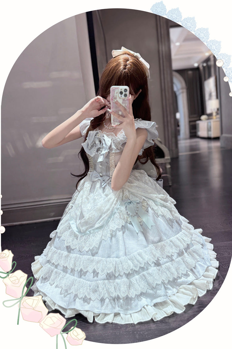 Blue [Fairy Tale Advent] Multi-Layered Ruffle Bowknot Lace Sweet Princess Gorgeous Lolita Tiered Dress