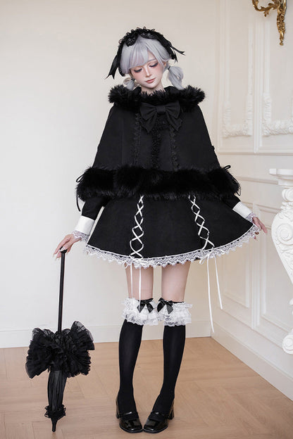 Black/White [Rose Doll] Square Collar Long Sleeves Bowknot Lace-Up Gothic Lolita Dress Set 2 Versions
