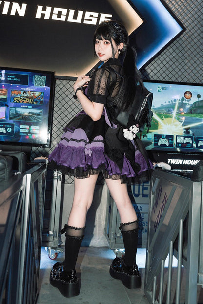 Black/Purple [Cotton Cloud] Lapel Collar Ruffle Bowknot Lace-Up Gothic Lolita Jsk Dress