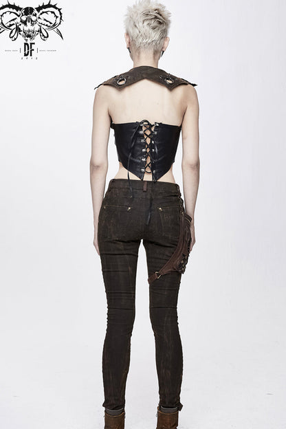 Brown Back Lace Up Raglan Sleeve Chest Hollow Loop Women's Punk Corset