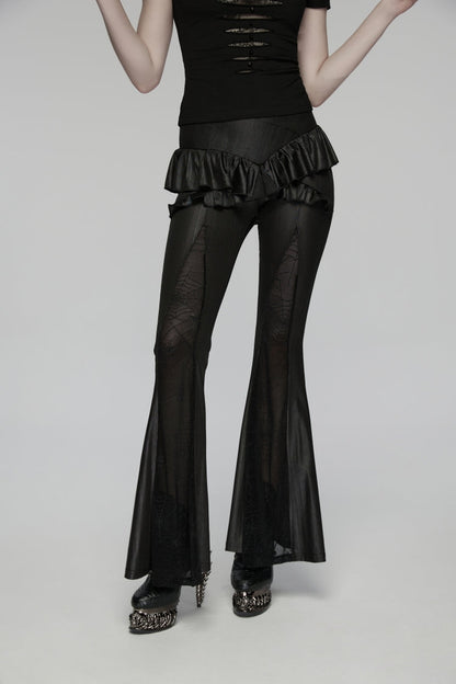 Black Ruffled Women's GothicRuffled Cobweb Pattern Flared Pants
