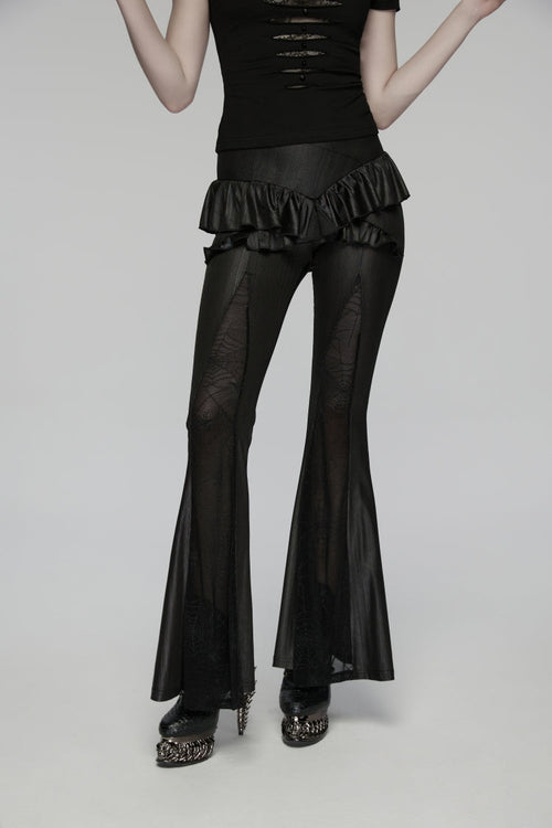 Black Ruffled Women's GothicRuffled Cobweb Pattern Flared Pants