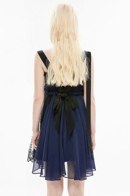 Blue Strap Big Bow Streamer Super Cool Stitching Lace Suspender Women's Gothic Dress