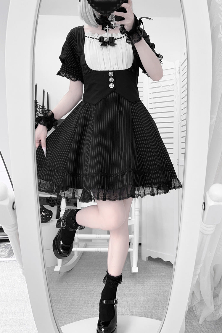 Black/White Short Sleeves Stripe Print Ruffle Bowknot Cross Waist Maid Sweet Japanese Lolita Dress Set