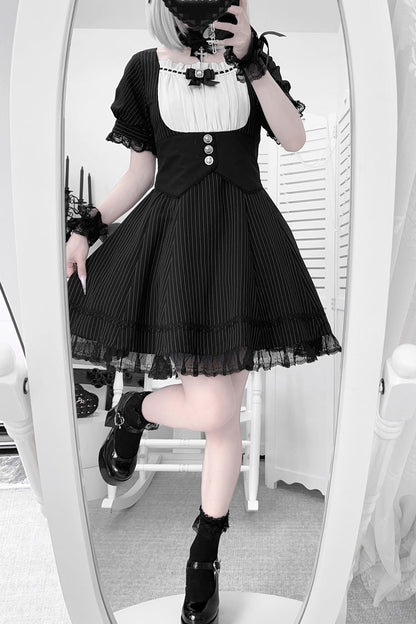 Black/White Short Sleeves Stripe Print Ruffle Bowknot Cross Waist Maid Sweet Japanese Lolita Dress Set