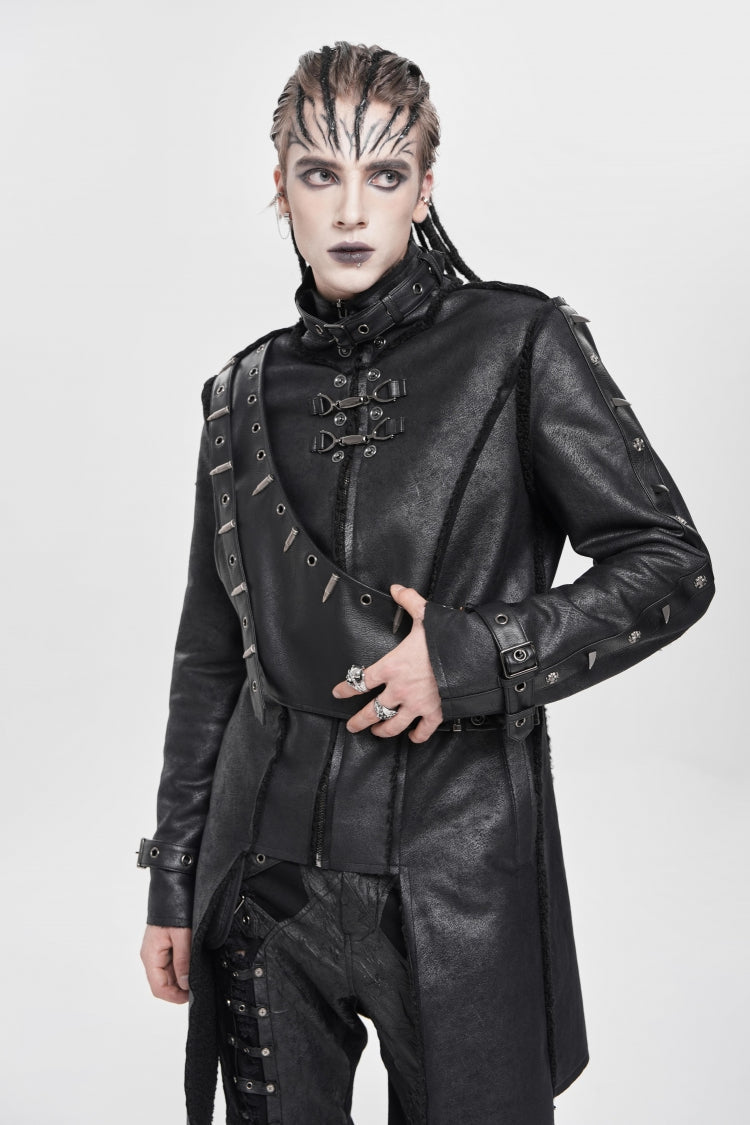 Black Stand Collar Rivet Buckle Zipper Men's Punk Coat
