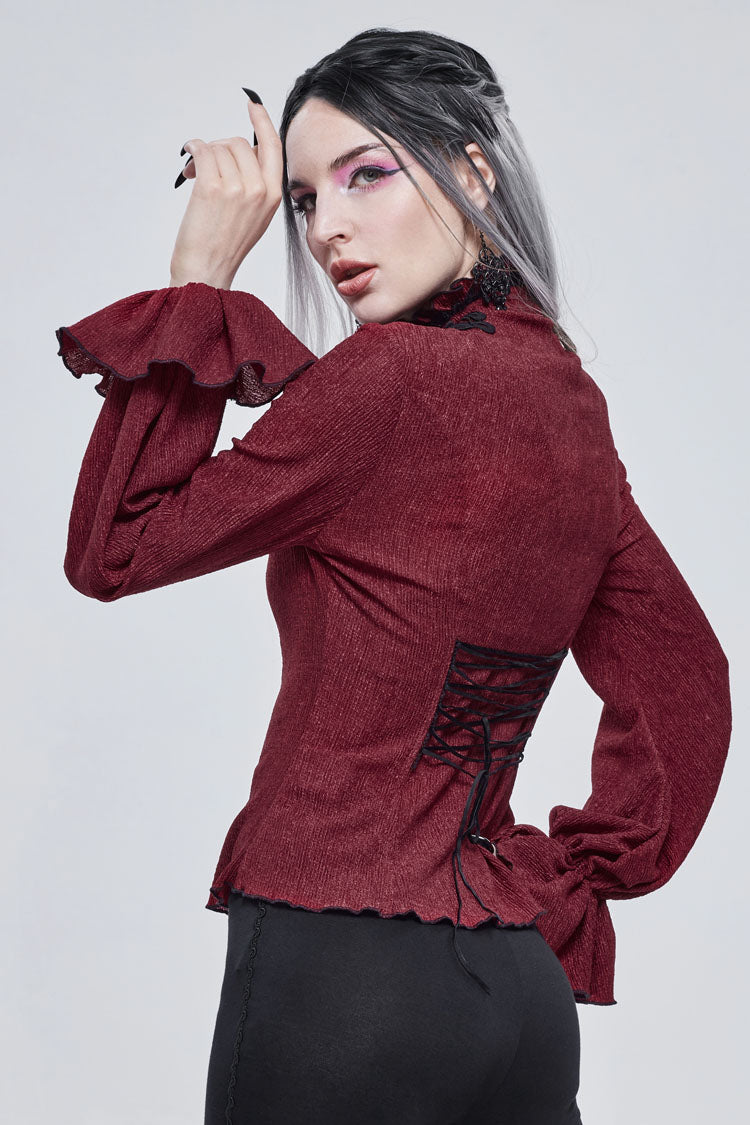 Red Lace High Neck Three Dimensional Embroidered Lantern Trumpet Sleeves Women's Gothic Shirt