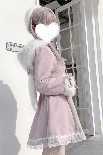 Pink Long Sleeves Bowknot Rabbit Ears Detachable Hooded Japanese Jirai Kei Coat