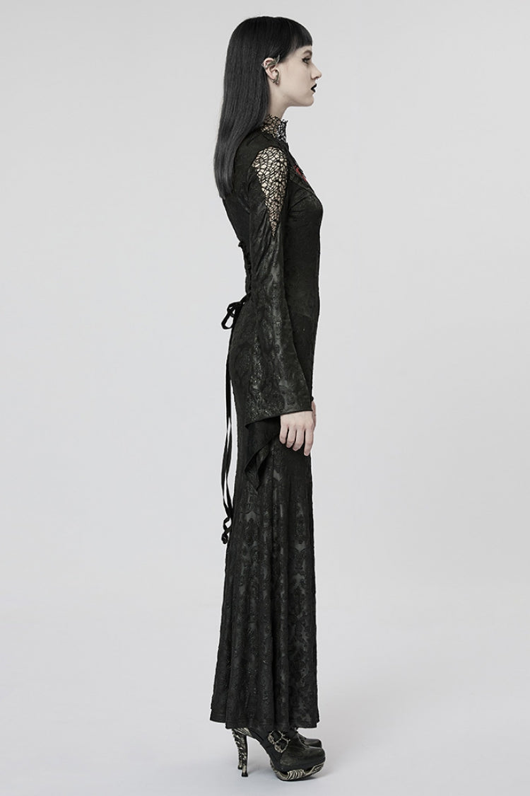 Black/Red V Collar Long Sleeves Hollow Embroidery Women's Gothic Dress