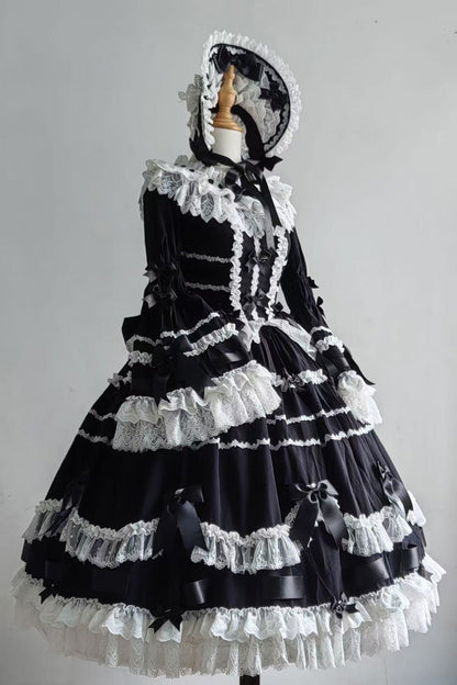 Black Round Collar Long Trumpet Sleeves Hanayome Bowknot Lace Daily Sweet Elegant Princess Lolita Dress
