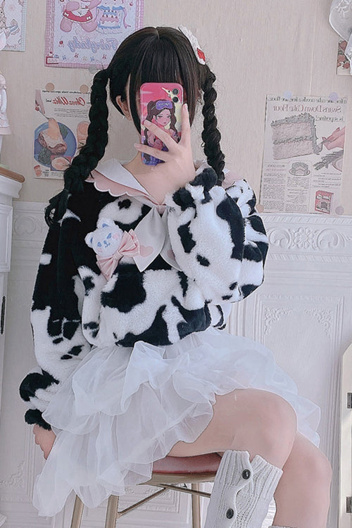 White/Black Round Collar Plush Cow Series Sweet Lolita Coat