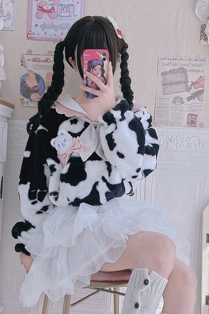 White/Black Round Collar Plush Cow Series Sweet Lolita Coat