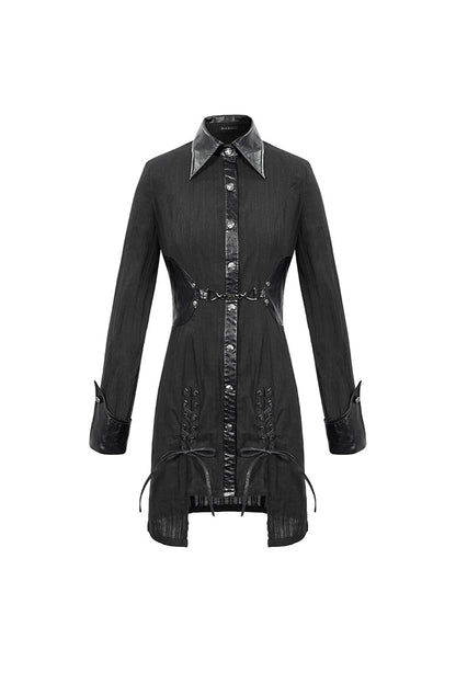 Black Vertical Suture Texture Leather Metal Buckle Design Decoration Long Women's Punk Shirt