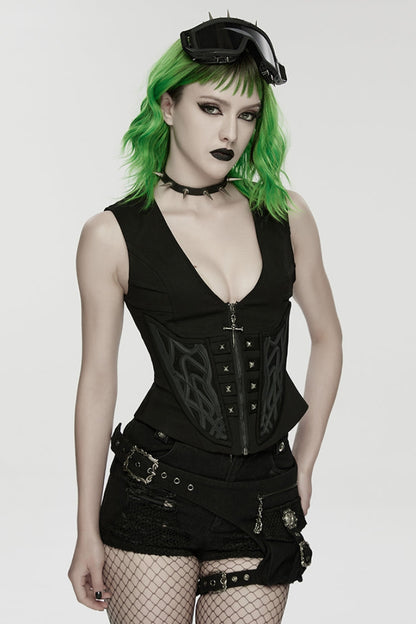 Black V Collar Sleeveless Embossed Printed Studded Zippered Women's Punk Vest