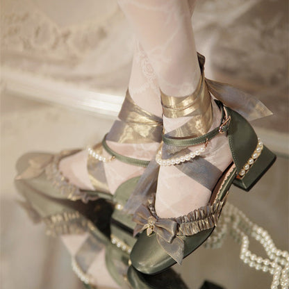Romance Bowknot Lace Pearl Sweet Elegant Lolita Shoes 4 Colors