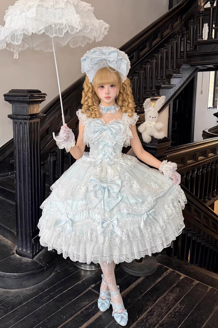 Blue [Sakura Dream Romance] Sleeveless Multi-Layered Ruffled Hanayome Bow Lace Sweet Princess Lolita Jsk Dress