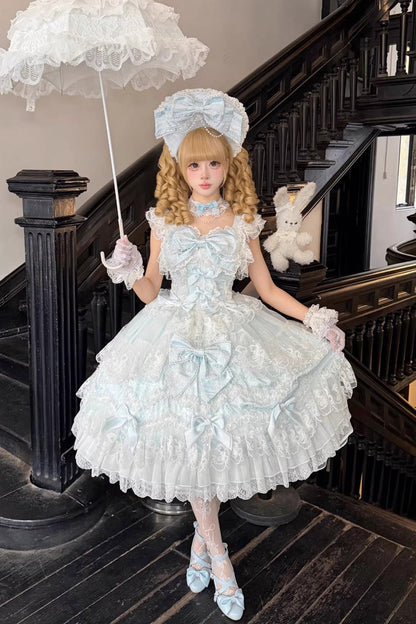 Blue [Sakura Dream Romance] Sleeveless Multi-Layered Ruffled Hanayome Bow Lace Sweet Princess Lolita Jsk Dress